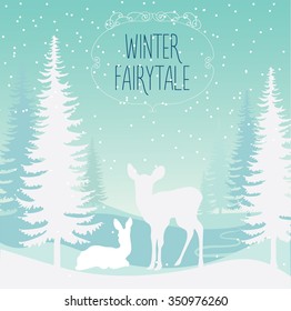 Winter holidays background with forest landscape and deer.