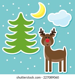winter holidays background with funny cartoon deer from sledding Santa Claus, drawing snowflakes, moon and fir on a blue cover