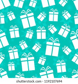 Winter holidays background. Gift boxes seamless pattern. Repeated texture with presents icons and snowflakes. Blue, white. Vector illustration. Print for season holidays design, Christmas, New Year