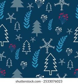 Fondo de vacaciones de invierno con ramas de pino y copos de nieve. Diseño de tarjeta de invierno. nieve blanca sin costuras que cae sobre el patrón azul celeste. textura repetitiva para la tarjeta de felicitación o el Anuncio. Vector eps10 