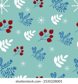 Fondo de vacaciones de invierno con ramas de pino y copos de nieve. Diseño de tarjeta de invierno. nieve blanca sin costuras que cae sobre el patrón azul celeste. textura repetitiva para la tarjeta de felicitación o el Anuncio. Vector eps10 