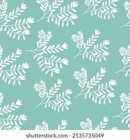 Fondo de vacaciones de invierno con ramas de pino y copos de nieve. Diseño de tarjeta de invierno. nieve blanca sin costuras que cae sobre el patrón azul celeste. textura repetitiva para la tarjeta de felicitación o el Anuncio. Vector eps10 