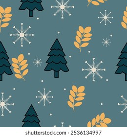 Fondo de vacaciones de invierno con ramas de pino y copos de nieve. Diseño de tarjeta de invierno. nieve blanca sin costuras que cae sobre el patrón azul celeste. textura repetitiva para la tarjeta de felicitación o el Anuncio. Vector eps10 