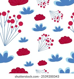 Winter holidays background with red pine branches. Winter card design. seamless White snow falling on sky blue white background  pattern. repeating texture for  greeting card or banner. Vector eps10 