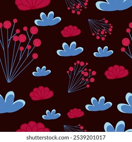 Fondo de vacaciones de invierno con ramas de pino rojo y . Diseño de tarjeta de invierno. nieve blanca sin costuras que cae sobre el patrón azul celeste. textura repetitiva para la tarjeta de felicitación o el Anuncio. Vector eps10 