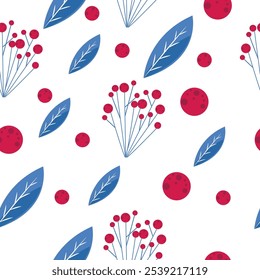 Winter holidays background with red pine branches leaf . Winter card design. seamless White snow falling on sky blue  pattern. repeating texture for  greeting card or banner. Vector eps10 