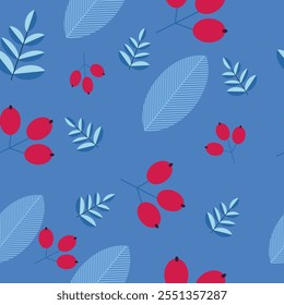 Winter holidays background with red pine branches and snowflakes. Winter card design. seamless White snow falling on  blue  pattern. repeating texture for  greeting card or banner. Vector eps10 