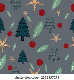 Winter holidays background with red pine branches and snowflakes. Winter card design. seamless White snow falling on  blue  pattern. repeating texture for  greeting card or banner. Vector eps10 