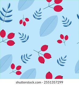 Fondo de vacaciones de invierno con ramas de pino rojo y copos de nieve. Diseño de la tarjeta de invierno. nieve blanca sin costuras que cae en el patrón azul. textura de repetición para la tarjeta de felicitación o el Anuncio. Vector eps10 