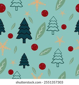 Winter holidays background with red pine branches and snowflakes. Winter card design. seamless White snow falling on  blue  pattern. repeating texture for  greeting card or banner. Vector eps10 