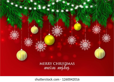 Winter Holiday's Background with Season Wishes and Border of Realistic Looking Christmas fir pine Tree Branches poinsettia flower red balls Decorated with red Berries light garland - Vector