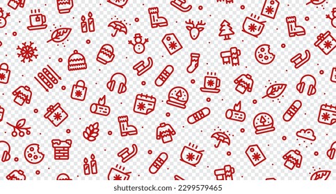 Winter holidays background. Winter set with seamless pattern. Collection winter icons. Snowman, tree, snowflakes, gift box. Vector illustration