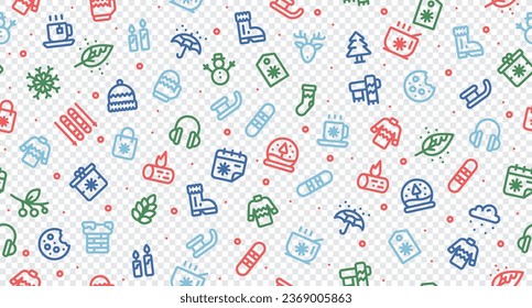 Winter holidays background. Winter set with seamless pattern. Collection winter icons. Snowman, tree, snowflakes, gift box. Vector illustration