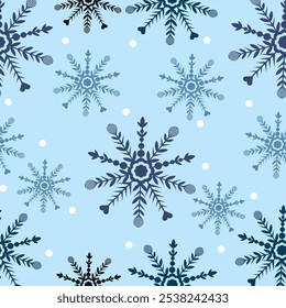 Copos de nieve de fondo de vacaciones de invierno. Diseño de tarjeta de invierno. nieve blanca sin costuras que cae sobre el patrón azul celeste. textura repetitiva para la tarjeta de felicitación o el Anuncio. Vector eps10 