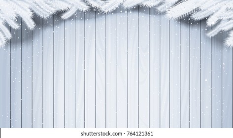 Winter Holidays Background Template Banner Wooden Texture With White Fir Branches Vector Illustration Immagine vettoriale stock