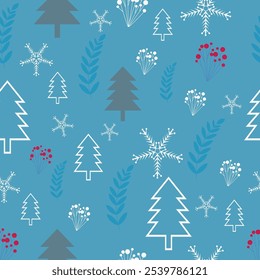 Fondo de vacaciones de invierno con copos de nieve de pino de hoja de árbol de invierno. Diseño de tarjeta de invierno. nieve blanca sin costuras que cae sobre el patrón azul celeste. textura repetitiva para la tarjeta de felicitación o el Anuncio. Vector eps10 