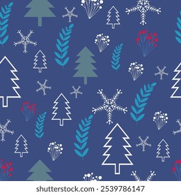 Fondo de vacaciones de invierno con copos de nieve de pino de hoja de árbol de invierno. Diseño de tarjeta de invierno. nieve blanca sin costuras que cae sobre el patrón azul celeste. textura repetitiva para la tarjeta de felicitación o el Anuncio. Vector eps10 