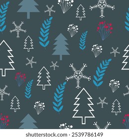 Fondo de vacaciones de invierno con copos de nieve de pino de hoja de árbol de invierno. Diseño de tarjeta de invierno. nieve blanca sin costuras que cae sobre el patrón azul celeste. textura repetitiva para la tarjeta de felicitación o el Anuncio. Vector eps10 