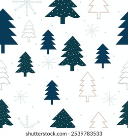 Winter holidays background with winter tree and snowflakes. Winter card design. seamless White snow falling on sky blue  white  pattern. repeating texture for  greeting card or banner. Vector eps10 