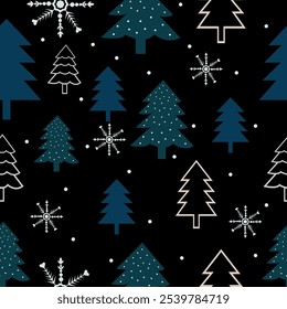 Fondo de vacaciones de invierno con árbol de invierno y copos de nieve. Diseño de tarjeta de invierno. nieve blanca sin costuras que cae sobre el patrón azul celeste. textura repetitiva para la tarjeta de felicitación o el Anuncio. Vector eps10 