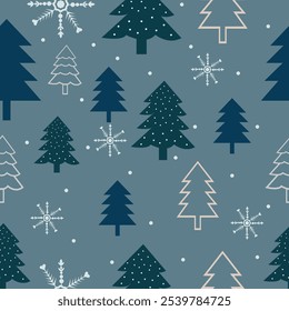 Fondo de vacaciones de invierno con árbol de invierno y copos de nieve. Diseño de tarjeta de invierno. nieve blanca sin costuras que cae sobre el patrón azul celeste. textura repetitiva para la tarjeta de felicitación o el Anuncio. Vector eps10 