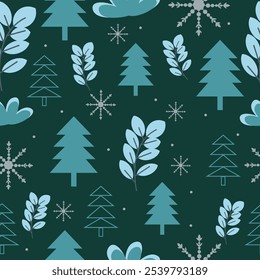 Fondo de vacaciones de invierno con árbol de invierno y copos de nieve. Diseño de tarjeta de invierno. nieve blanca sin costuras que cae sobre el patrón azul celeste. textura repetitiva para la tarjeta de felicitación o el Anuncio. Vector eps10 