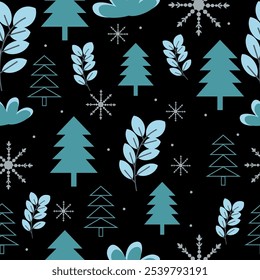 Fondo de vacaciones de invierno con árbol de invierno y copos de nieve. Diseño de tarjeta de invierno. nieve blanca sin costuras que cae sobre el patrón azul celeste. textura repetitiva para la tarjeta de felicitación o el Anuncio. Vector eps10 