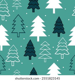 Fondo de vacaciones de invierno con árbol de invierno y copos de nieve. Diseño de tarjeta de invierno. nieve blanca sin costuras que cae sobre el patrón azul celeste. textura repetitiva para la tarjeta de felicitación o el Anuncio. Vector eps10 