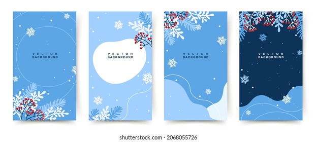 Winter holidays backgrounds for social media stories, post templates. Colorful banners with with сhristmas tree branches, snowflakes and red berries. Vector illustration for mobile apps, invitation,ad