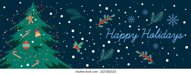 Banner de diseño de vacaciones de invierno con árbol de navidad decorado con juguetes inscriptos vacaciones felices con copos de nieve.Ilustración horizontal vectorial aislada en el fondo oscuro. Plantilla de tarjeta de vacaciones