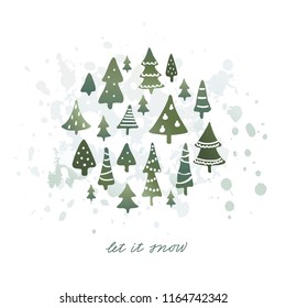 Winter holidays banner design, postcard with decorated snowy christmas trees and handlettered note 'let it snow'