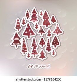 Winter holidays banner design in red tones, postcard with decorated snowy christmas trees and handlettered note 'let it snow'