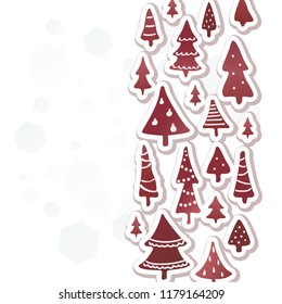 Winter holidays banner design in red tones, postcard with decorated snowy christmas trees