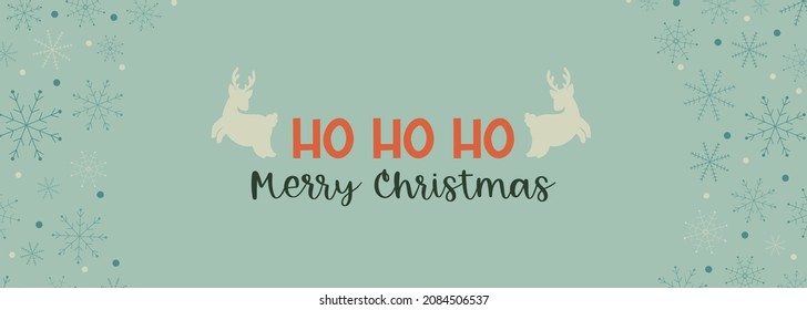 Winter holidays banner design retro style. Christmas horizontal background. Festive card template with deer and snowflakes . Colored flat vector illustration.