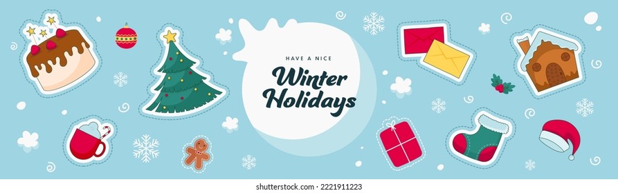 Banner De Invierno O Diseño De Cabecera Con Elementos De Navidad De Estilo Sticker Decorados En Fondo Azul.