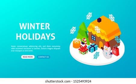 Winter Holidays Banner. Vector Illustration of Merry Christmas Isometry.