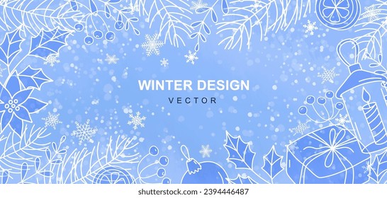 Winter holidays blue abstract background with hand drawn cute Christmas design elements in line style. Festive frame. Vector illustration for greeting card, banner, invitation, poster, advertising