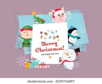 Winter Holidays blue postcard. Inscription with elf, Santa Claus, snowman, piglet, penguin and polar bear on blue background with snowflakes. Can be used for postcards, greeting cards, leaflets