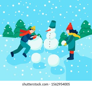 Winter holidays. A boy and a girl make a snowman on the forest edge. Winter fun and games. Flat cartoon characters vector illustration.