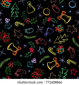Winter holidays bright seamless pattern. Colorful repeatable background. Hand drawn marker scribble elements. Christmas and New Year celebration attributes. Vector illustration.