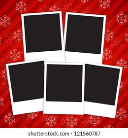 Winter holidays card with blank photo frames on red  snowy background. Vector illustration