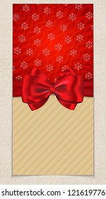 Winter holidays card with blank space for greetings and with bow and ribbon on snowflake background. Vector illustration