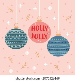 winter holidays card with christmas balls on pink background, poster with cartoon colorful christmas balls, vector illustration