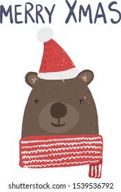Winter holidays card with cute brown bear in red hat and scarf. Happy New Year or Merry Christmas banner with cartoon cheerful animal and greeting text, kids celebrating background