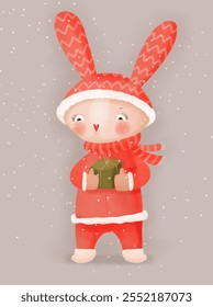 Winter Holidays Card With Cute Bunny on a Gray Starry Background. Little Rabbit in a Santa Costume Holding A Surprise Gift. Xmas Greeting Card. Cute Hand Drawn Baby Rabbit in Red Woolen Hat. RGB.