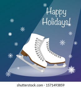 Winter holidays card with figure skates. Winter background with snowflakes. Winter sport figure skating. New Year or Christmas greeting card, poster. Vector illustration