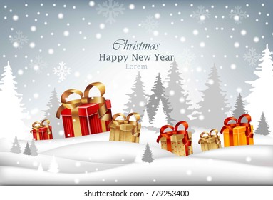 Winter Holidays card with gifts. Merry Christmas and Happy New Year Vector. Snowy backgrounds