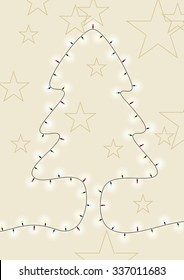 winter holidays card, with light bulb installation shaped like a christmas tree, on cream background