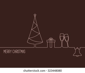 Winter holidays card linear style design with Christmas tree, gift box, glasses and bell