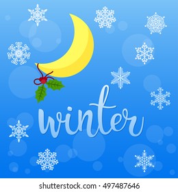 Winter holidays card. Moon and snowflakes isolated on blue.